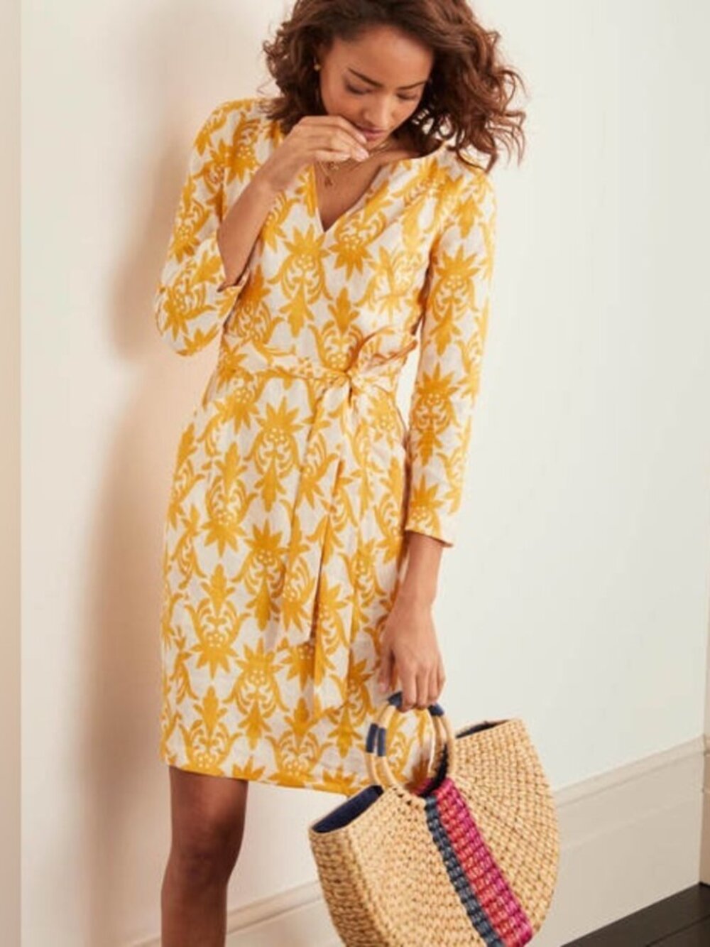 Boden Yellow + White 3/4 Sleeve 100% Linen Dress Size 6 Petite Colorful Pockets